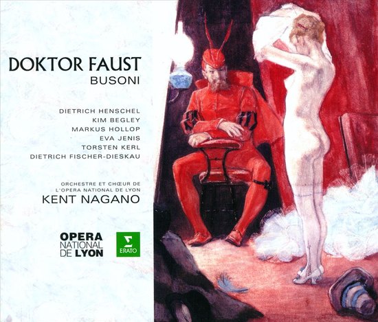 Albumhoes met 'Doktor Faust' van Busoni. Rode figuur met hoorns zit op een stoel, witte figuur staat aan de rechterkant.