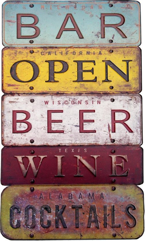 Signs-USA - Bar Open Beer Wine Cocktails - Licence Plate Art - Souvenir kentekenplaat oud nummerbord Amerika - verweerd - 30 x 51 cm