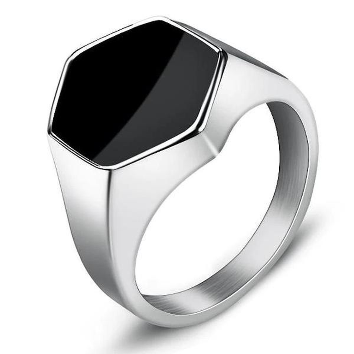 Zegelring Heren Zilver Kleurig met Zwarte Steen - Zeshoekig - Staal - Ring Ringen - Papa Cadeau Voor Mannen - Vaderdag