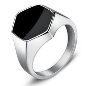 Zeshoekige Zegelring met Zwarte Steen - Zilver Kleurig Hexagonaal - 18-22mm - Ringen Mannen - Ring Heren - Ringen Vrouwen - Valentijnsdag voor Mannen - Valentijn Cadeautje voor Hem