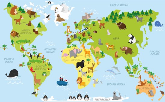 mesh Implicaties op tijd Poster wereldkaart met dieren / natuurlijke leefgebieden kinderen - 84 x 52  cm -... | bol.com
