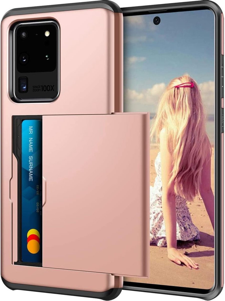 Geschikt voor Samsung Galaxy S20 Ultra Card Case - Roze - Shockproof Cardslot - Hard PC - Pasjeshouder