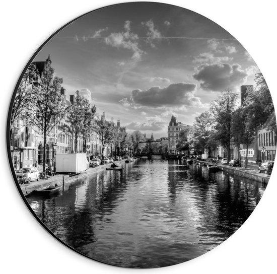 Dibond Wandcirkel - Zwart - Wit Foto Amsterdam - 20x20cm Foto op Aluminium Wandcirkel (met ophangsysteem)