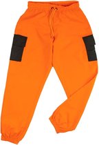 La Pèra Oranje cargobroek met zwarte zakken Stoere fashion broek met elastische band - Maat S