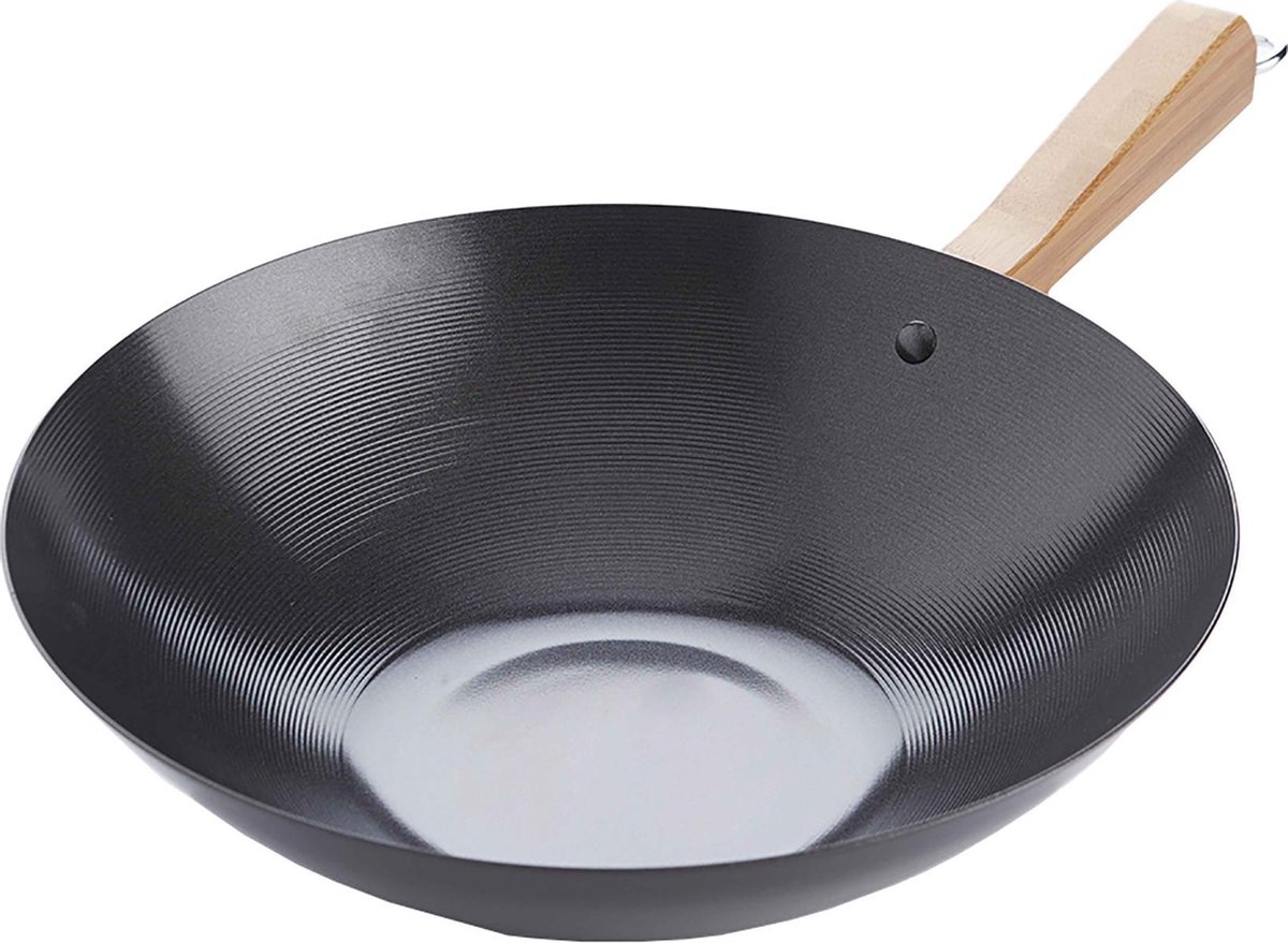 Point-Virgule Wokpan - Carbonstaal - Met Anti-aanbaklaag - Met Bamboe Handvat - 30cm