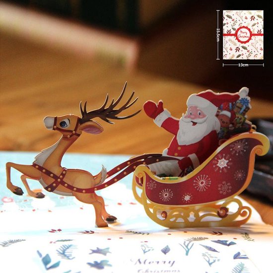 3D pop up Kerstkaart  Vrolijke Kerstman op een arrenslee met rendier pop-up wenskaart met Berichtenpaneel - Voordeelpakket