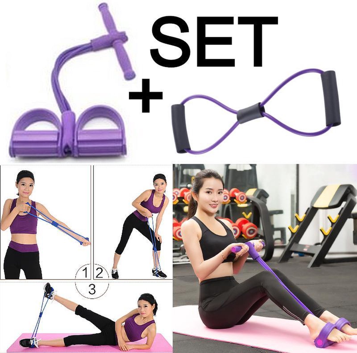 Allernieuwste Set Weerstandbanden Fitness Elastiek - Full Body Workout - Buikspier training - Elastische Sit-Ups Trekkoorden - Paars