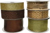 6x Rolletjes glitter lint/gaas groen/goud/bruin - Decoratie gaas/lint - kerstversiering/kerstdecoratie - Hobby/knutsel materiaal