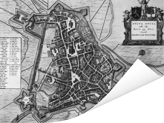 Un ancien plan de ville noir et blanc de 's-Hertogenbosch Poster - Carte 160x120 cm - Tirage photo sur Poster (décoration murale salon / chambre) / Affiche villes européennes XXL / Groot format!