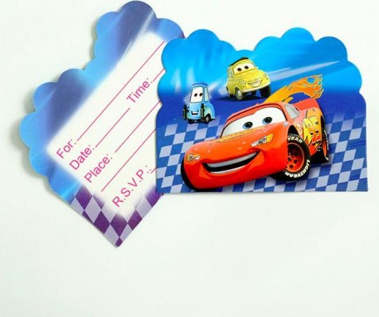 Carte d'invitation avec Flash McQueen, Luigi, Guido et un motif à damier.