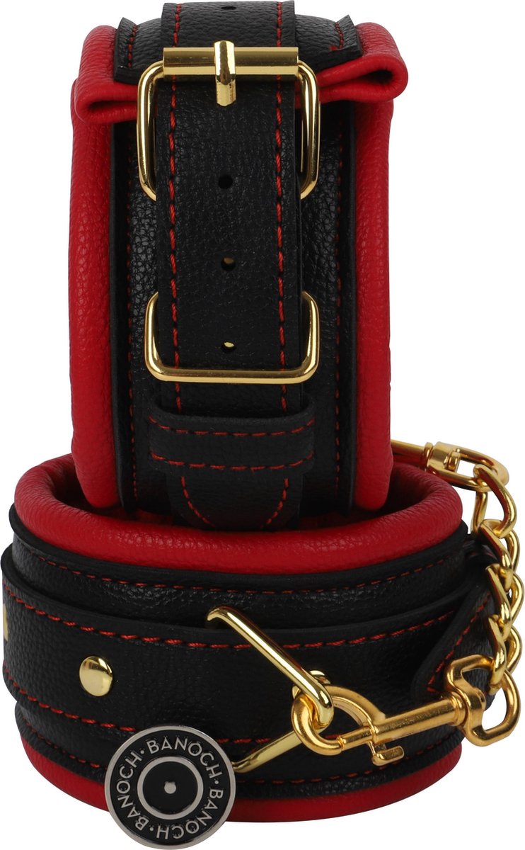 Goedkoopste Banoch - Anklecuff gold - rode enkelboeien leer met goud - bondage