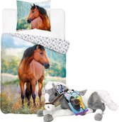 Paarden dekbedovertrek set 140 x 200 cm, incl. super zachte paarden knuffel - 60 cm - grijs/wit - met verzorging set -kinderen slaapkamer - eenpersoons dekbed