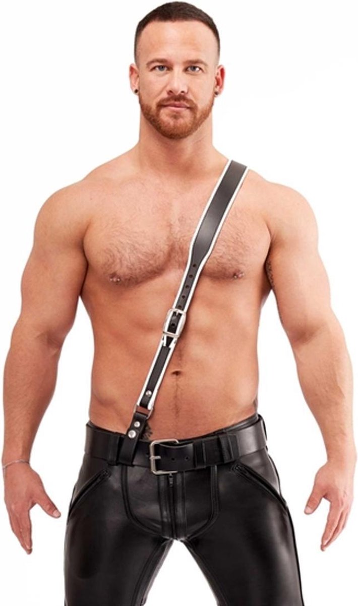 Mister B leren sam browne riem premium - zwart - wit - small