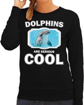 Dieren dolfijnen sweater zwart dames - dolphins are serious cool trui - cadeau sweater dolfijn/ dolfijnen liefhebber L