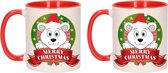 Set de 2x morceaux de tasses / mugs de Noël - rouge avec blanc - céramique 300 ml - imprimé ours polaire