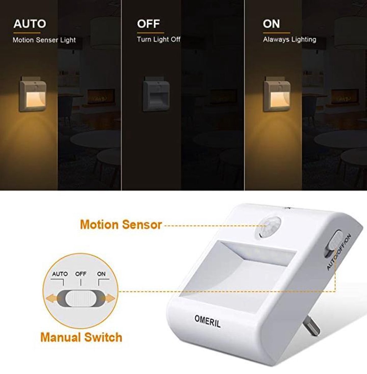 Omeril / Lampe d'orientation - Blanc chaud - 3 modes - Prise avec détecteur  de... | bol.com