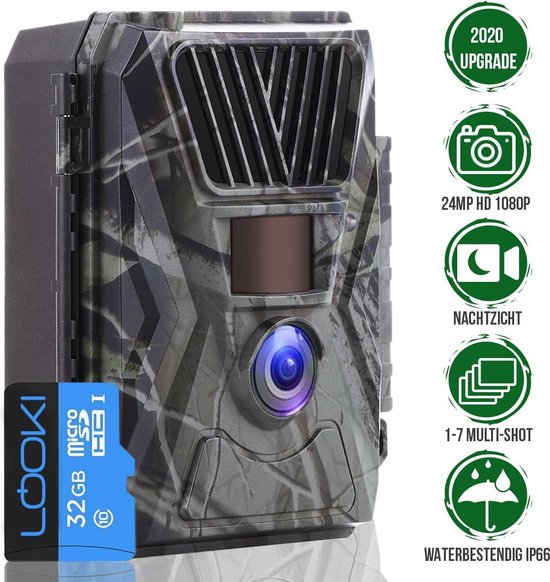 Looki® Wildlifecamera met nachtzicht - 24MP 1080P HD & gratis 32GB SD-kaart – IP66 Waterbestendig - NL software en handleiding - Beveiligingscamera