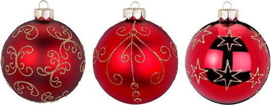 Set van 6 - Chique met goud gedecoreerde Robijn Rode Deluxe Kerstballen 8 cm