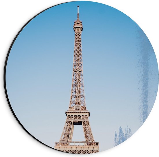 Dibond Wandcirkel - Eiffeltoren in Parijs met helderblauwe Lucht - 20x20cm Foto op Aluminium Wandcirkel (met ophangsysteem)