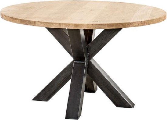 Eiken tafel rond - 4 cm dik -130 doorsnede - ijzer onderstel - dubbel X poot 10x10