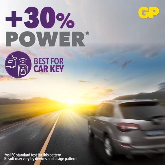 Een auto rijdt op een weg bij zonsondergang. +30% vermogen, beste voor autosleutels.