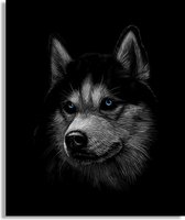 Foto op geborsteld aluminium - Husky hond - Zwart wit met blauwe ogen - Foto op dibond schilderij - 60x50 cm