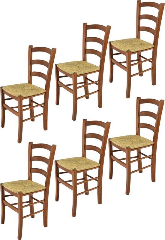 Tommychairs - Ensemble de 6 chaises modèle Venise. Très approprié pour la cuisine, la salle à manger, mais aussi pour la restauration. Structure en bois, couleur noyer, passepoil de siège en paille