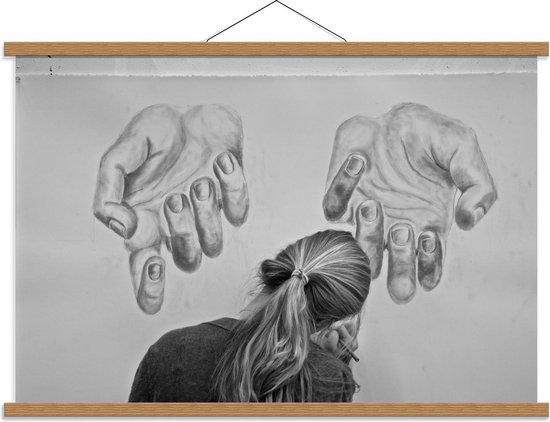 Schoolplaat – Getekende Handen met Meisje (zwart/wit) - 90x60cm Foto op Textielposter (Wanddecoratie op Schoolplaat)