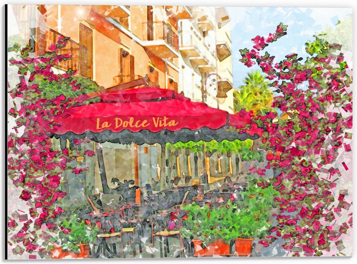 Dibond - Geschilderd Terras met Roze Parasol - 40x30cm Foto op Aluminium (Wanddecoratie va