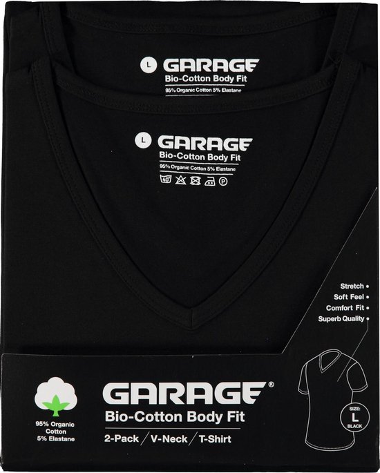 Zwarte 2-pack V-hals T-shirts van biologisch katoen, in verpakking.