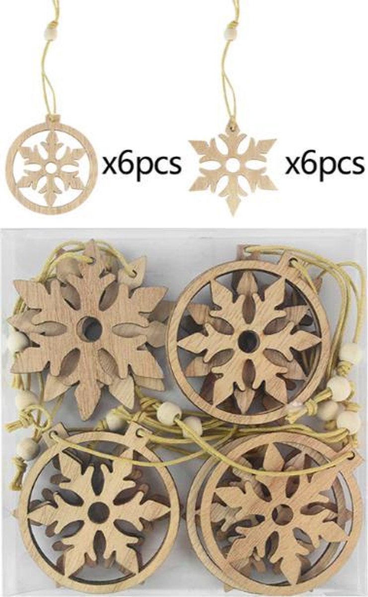 ProductGoods - Houten Kersthangers - Sneeuwvlokken - Zelf in te kleuren - Set van 12 stuks - Kerst Decoratie - Kerst