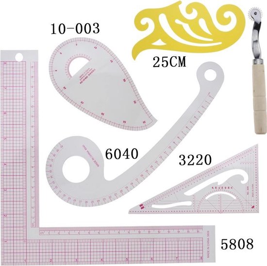 Set van transparante, kunststof meetinstrumenten met roze markeringen en tekst: curve, heupbocht, 3220, 6040, 10-003, 5808, en steekroller.