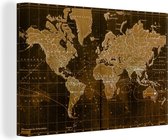 Canvas Wereldkaart - 90x60 - Wanddecoratie Klassieke wereldkaart in het bruin