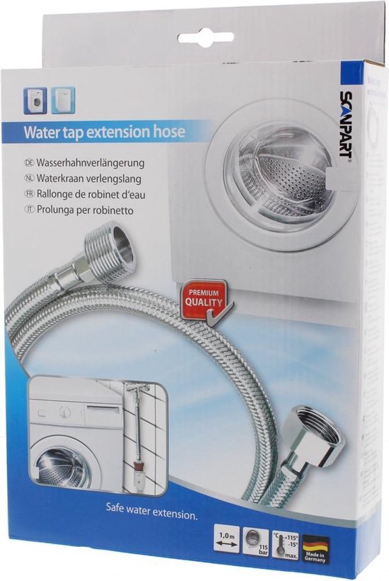 Verpakking voor een 1m lange, gevlochten RVS waterslang met wasmachineafbeelding.