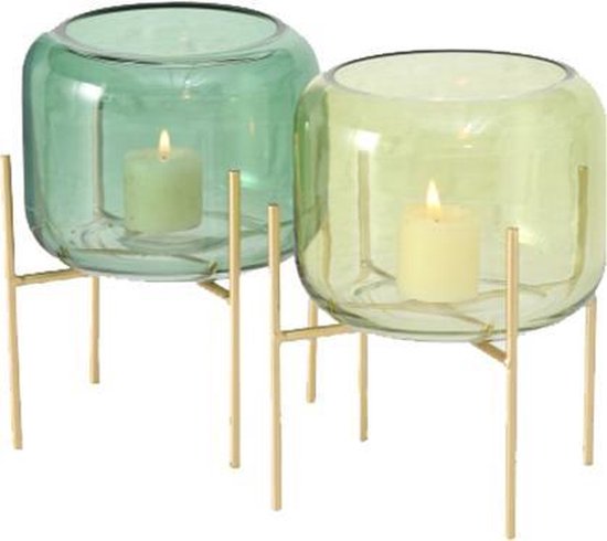 Set van 2 sfeerlichten van groen glas met gouden voet