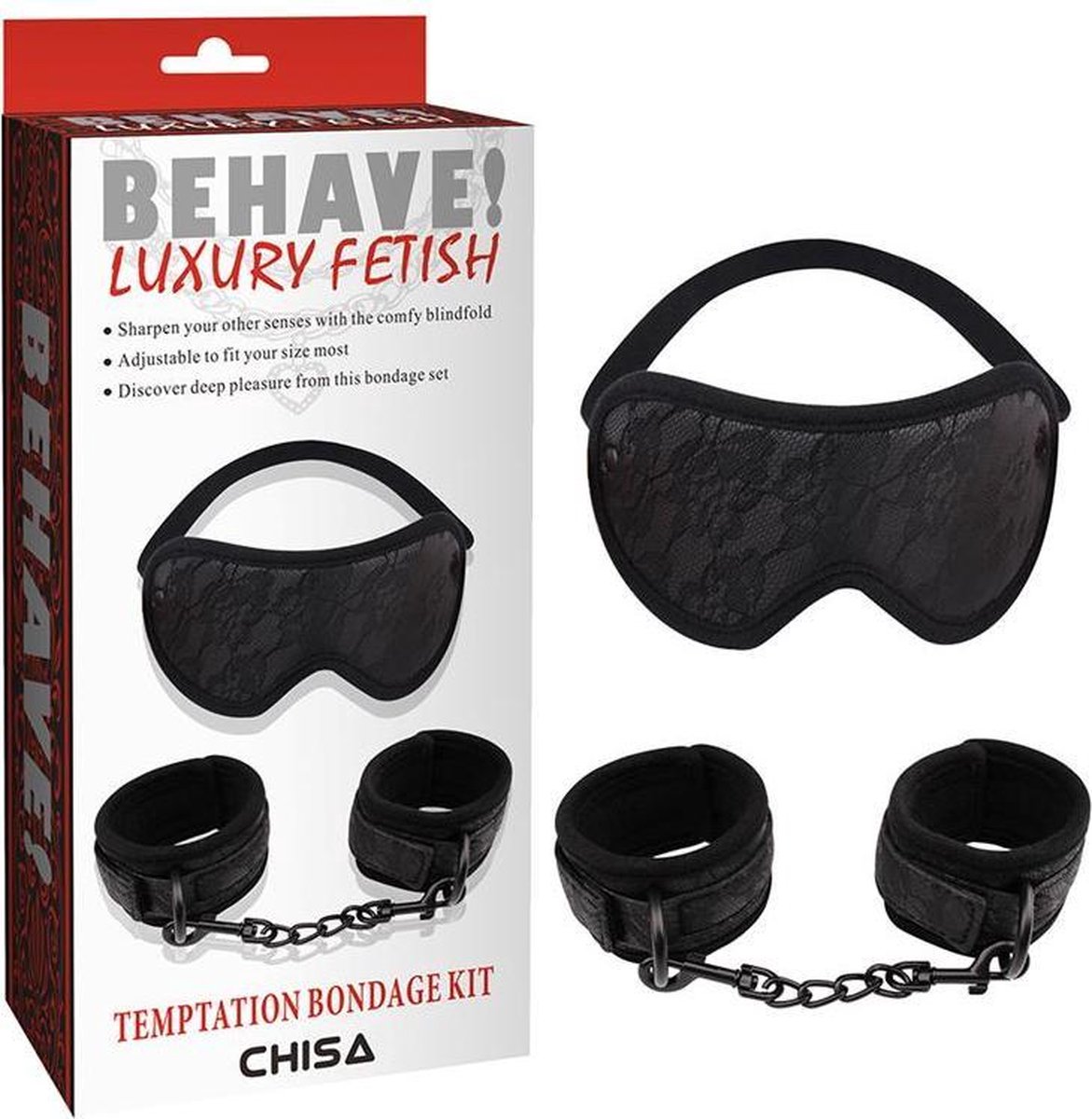 Behave! - Temptation Bondage Kit - Polsboeien en Blinddoek - Zwart
