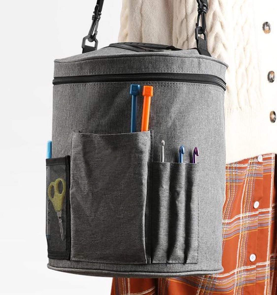 Opbergtas - Haakspullen - Handwerktas - Garentas - Grijs - Draagbaar - Haaktas - Breitas - Breiwol - 27cm x 32cm — afbeelding 5