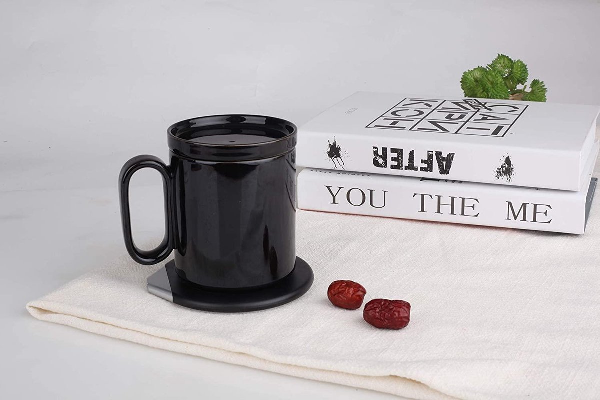 Koffiekopverwarmer, koffiemokwarmer met draadloze oplader (2-in-1) en porseleinen beker, draadloos opladen, constante temperatuur om warm te blijven 122 °F/55 °C bekerwarmer voor kantoor thuisgebruik