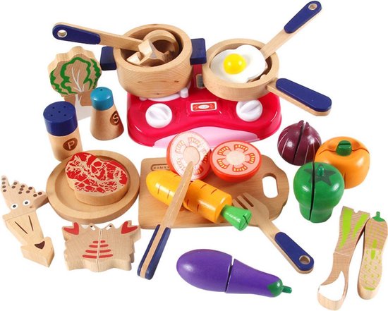 krassen twist grote Oceaan Luxe houten speelgoed 29 delig, eten voor kinderen, keuken, snijden van  groenten en... | bol.com