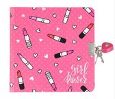 dagboek lipstick roze met slot roze 17.5 cm hoog bij 14 cm lang  inclusief unicorn sleutelhanger