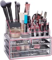 Relaxdays make-up organizer - tweedelig - cosmetica opbergdoos - lippenstift houder - Roze-strepen