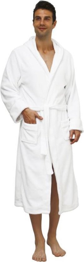 Lumaland - Badjas van microfiber - met capuchon - unisex - verkrijgbaar in verschillende kleuren en maten - Wit - XL