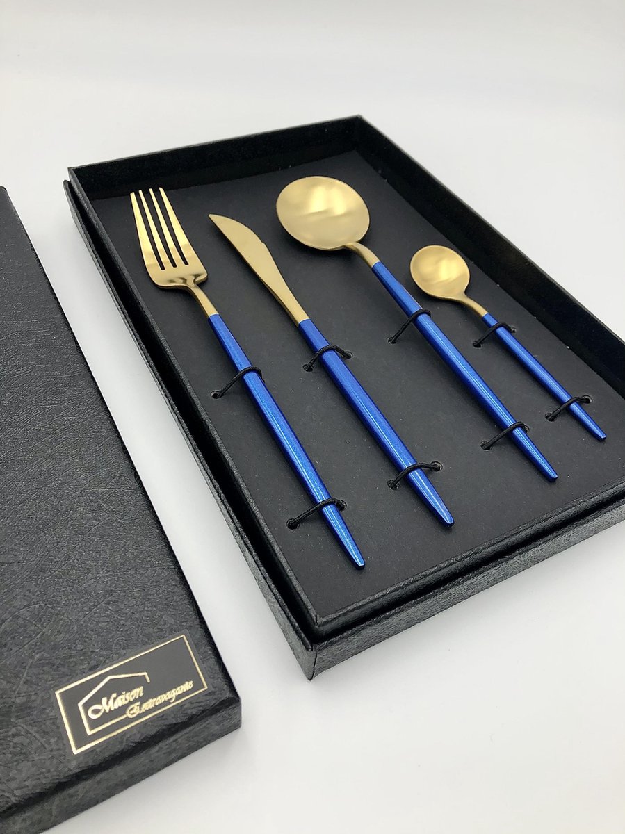 Maison Extravagante - Luxe Bestekset MACAU - 4-delig - RVS - Inclusief zwarte opbergdoos - Goud/Blauw