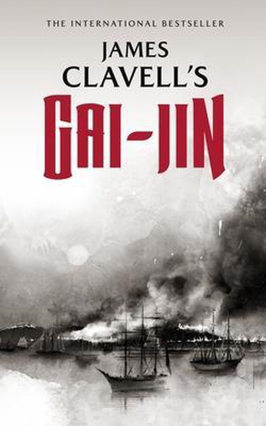 Boek kaft met de titel Gai-Jin in rode letters, met een illustratie van schepen in een rokerige haven.
