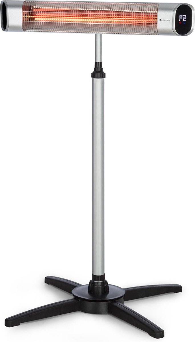 Blumfeldt Dark Wave infraroodstraler, terrasverwarmer, MinimalGlare: Koolstofbuis met goudcoating, vrijstaande straler met 9 warmtestanden, timer, IP65, plafondverwarmer met 2000W, zilver