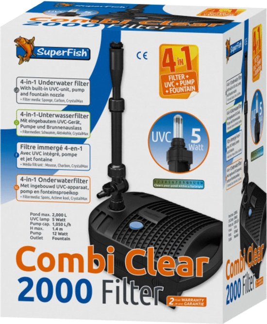 Verpakking van de SuperFish Combi Clear 2000 Filter, grijs, met UVC 5 Watt aanduiding en aquariumvissen.