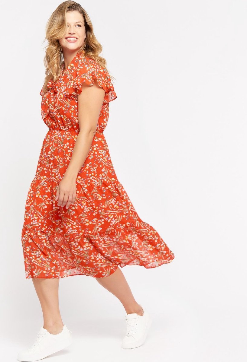 LOLALIZA Dames Midi jurk met bloemenprint Rood Maat S 