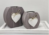 Woodart waxinehouder set hart 2x op onderschaal 15x25 taupe /wit waxinelichthouder LIEFDE