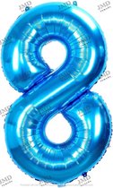 Folie ballon XL 100cm met opblaasrietje - cijfer 8 blauw - 8 jaar folieballon - 1 meter groot met rietje - Mixen met andere cijfers en/of kleuren binnen het Jumada merk mogelijk