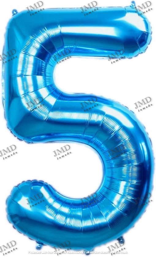 Folie ballon XL 100cm met opblaasrietje - cijfer 5  blauw - 5 jaar folieballon - 1 meter groot met rietje - Mixen met andere cijfers en/of kleuren binnen het Jumada merk mogelijk
